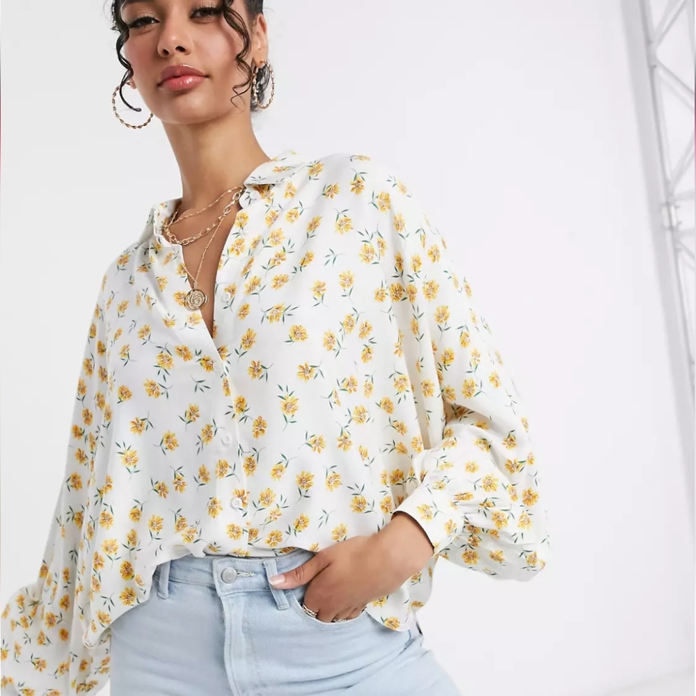 Heartbreak Sunflower Print Button Down Loose Flowy Batwing Poet Sleeve Blouse